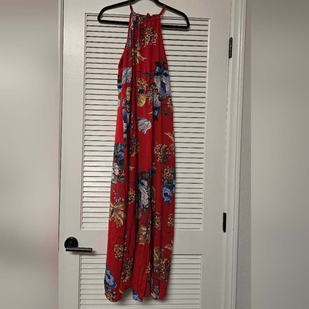 Floral Colourful Halter Maxi Dress With Two Leg-Slits & Keyhole Back